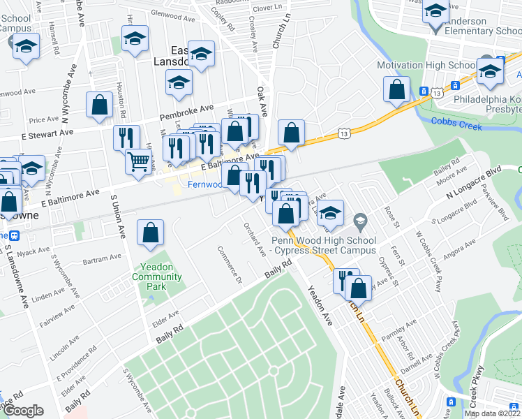 map of restaurants, bars, coffee shops, grocery stores, and more near 423 Bonsall Avenue in Yeadon