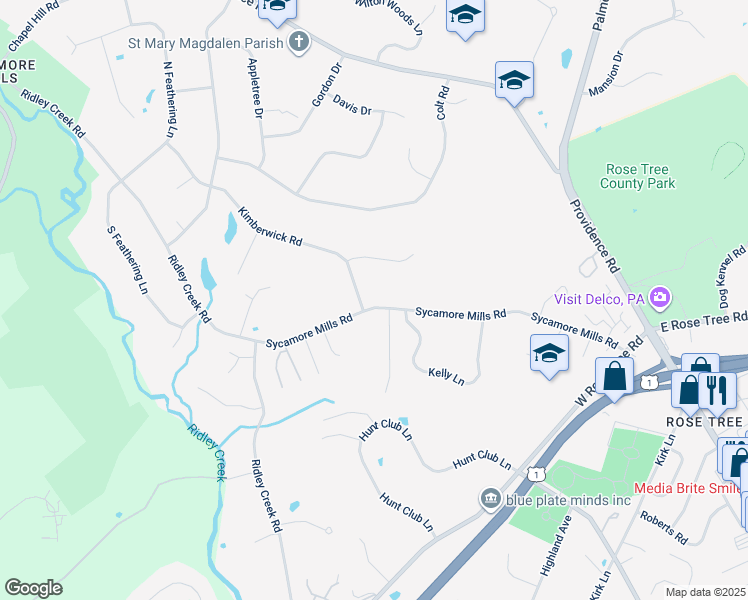 map of restaurants, bars, coffee shops, grocery stores, and more near 375 Sycamore Mills Road in Media