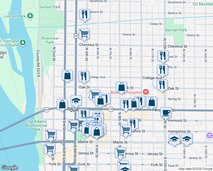 map of restaurants, bars, coffee shops, grocery stores, and more near 624 College Avenue in Quincy