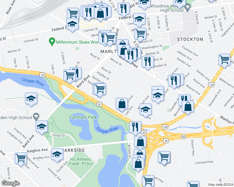 map of restaurants, bars, coffee shops, grocery stores, and more near 609 Raritan Street in Camden