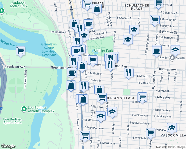 map of restaurants, bars, coffee shops, grocery stores, and more near 95 Nursery Lane in Columbus