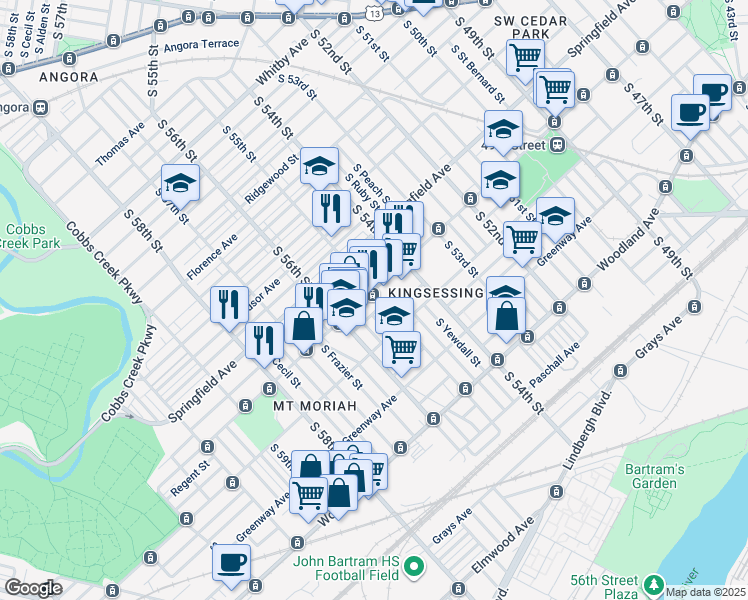 map of restaurants, bars, coffee shops, grocery stores, and more near 5502 Chester Avenue in Philadelphia