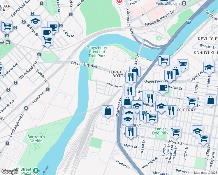 map of restaurants, bars, coffee shops, grocery stores, and more near 1330 Grove Street in Philadelphia