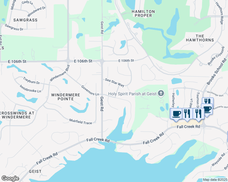 map of restaurants, bars, coffee shops, grocery stores, and more near 9956 Aegean Road in Fishers