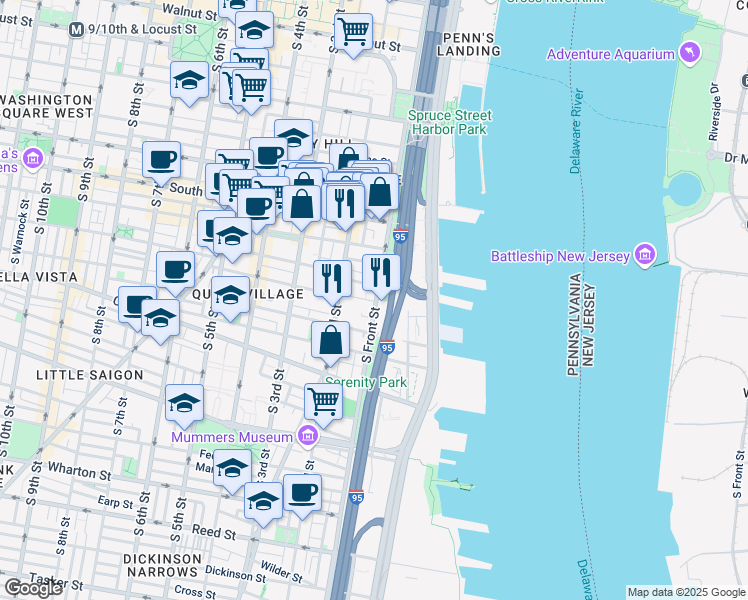 map of restaurants, bars, coffee shops, grocery stores, and more near 756 South Front Street in Philadelphia