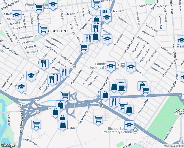 map of restaurants, bars, coffee shops, grocery stores, and more near 4309 Witherspoon Avenue in Pennsauken Township