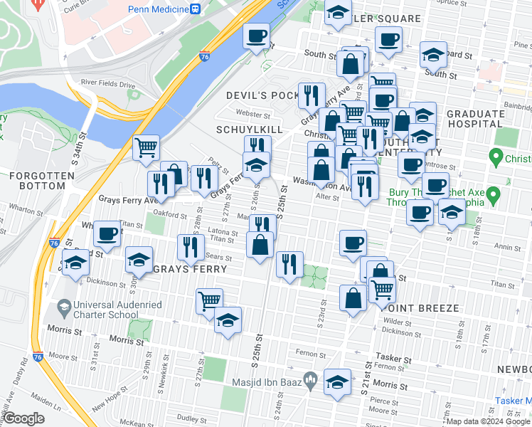 map of restaurants, bars, coffee shops, grocery stores, and more near 2522 Federal Street in Philadelphia