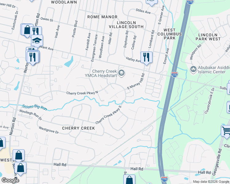 map of restaurants, bars, coffee shops, grocery stores, and more near 4873 Cherry Creek Parkway North in Columbus