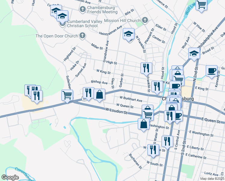 map of restaurants, bars, coffee shops, grocery stores, and more near 21 Glen Street in Chambersburg