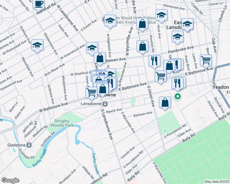 map of restaurants, bars, coffee shops, grocery stores, and more near 55 East Baltimore Avenue in Lansdowne