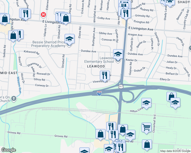 map of restaurants, bars, coffee shops, grocery stores, and more near 4182 Ellery Drive in Columbus