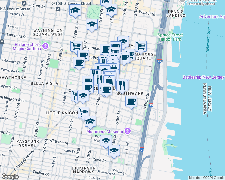 map of restaurants, bars, coffee shops, grocery stores, and more near 767 South 4th Street in Philadelphia