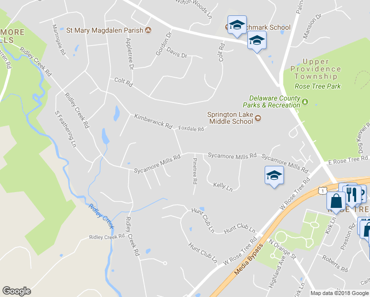 map of restaurants, bars, coffee shops, grocery stores, and more near 375 Sycamore Mills Road in Media