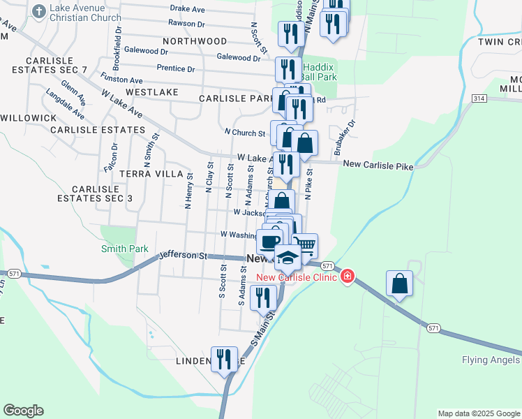 map of restaurants, bars, coffee shops, grocery stores, and more near 210 N Adams St in New Carlisle