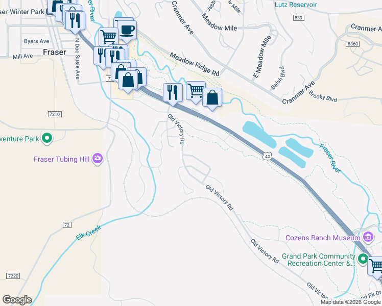 map of restaurants, bars, coffee shops, grocery stores, and more near 22 Meadow Trail in Parshall