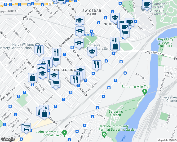 map of restaurants, bars, coffee shops, grocery stores, and more near 1535 South Wilton Street in Philadelphia