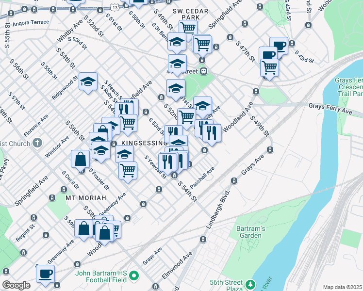 map of restaurants, bars, coffee shops, grocery stores, and more near 1504 South Lindenwood Street in Philadelphia