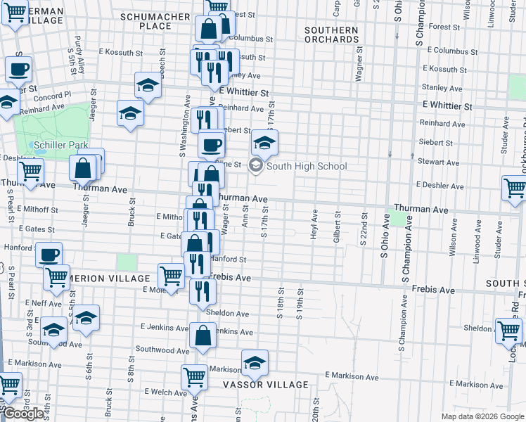 map of restaurants, bars, coffee shops, grocery stores, and more near 599 Thurman Avenue in Columbus