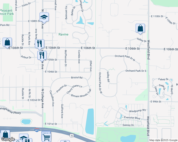 map of restaurants, bars, coffee shops, grocery stores, and more near 1234 Turner Drive in Indianapolis