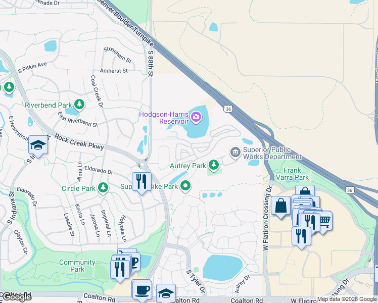 map of restaurants, bars, coffee shops, grocery stores, and more near 1611 Egret Way in Louisville