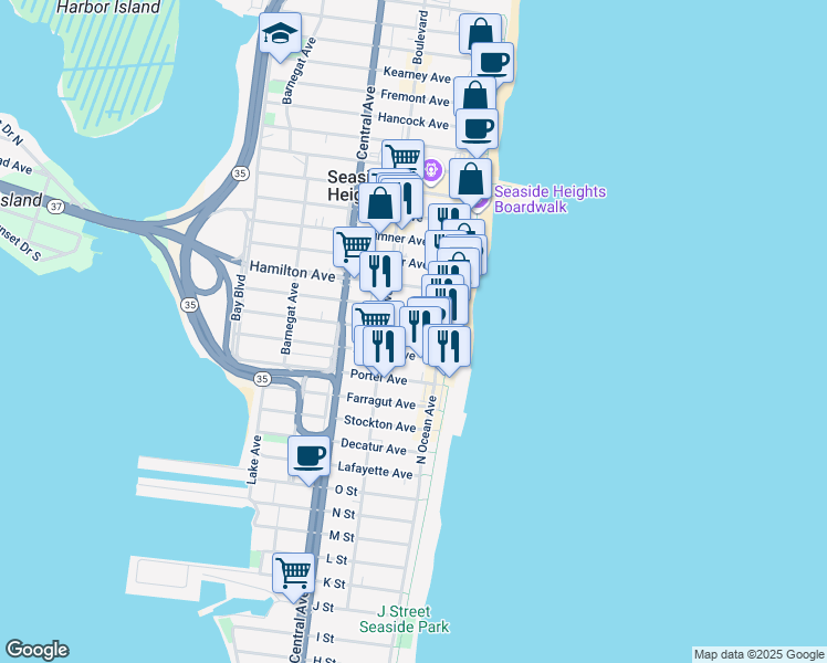 map of restaurants, bars, coffee shops, grocery stores, and more near 39 Franklin Avenue in Seaside Heights