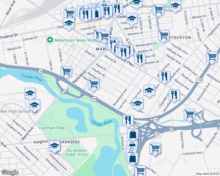 map of restaurants, bars, coffee shops, grocery stores, and more near 535 Pfeiffer Street in Camden