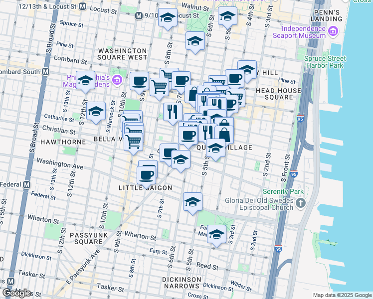 map of restaurants, bars, coffee shops, grocery stores, and more near 785 South 6th Street in Philadelphia