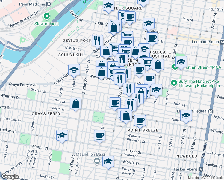 map of restaurants, bars, coffee shops, grocery stores, and more near in Philadelphia