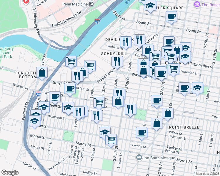 map of restaurants, bars, coffee shops, grocery stores, and more near 2614 Annin Street in Philadelphia