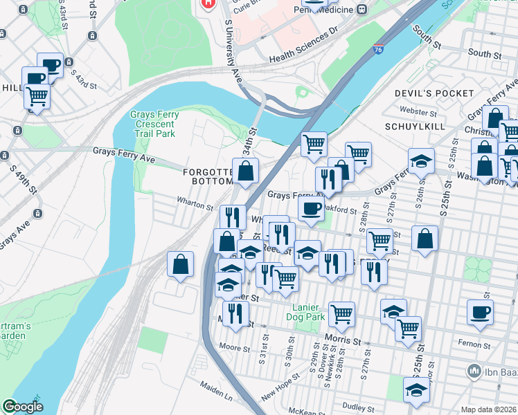 map of restaurants, bars, coffee shops, grocery stores, and more near 3218 Grays Ferry Avenue in Philadelphia