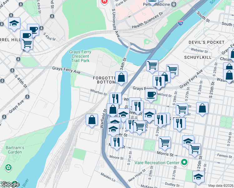 map of restaurants, bars, coffee shops, grocery stores, and more near 1236 South 33rd Street in Philadelphia