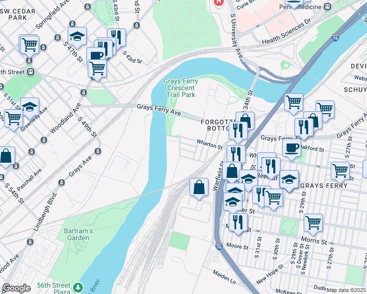 map of restaurants, bars, coffee shops, grocery stores, and more near 3624 Wharton Street in Philadelphia