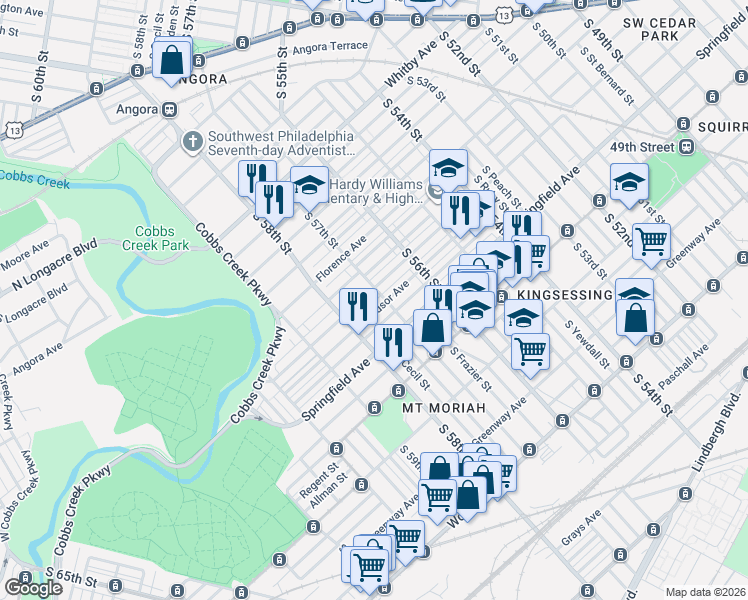 map of restaurants, bars, coffee shops, grocery stores, and more near 5653 Warrington Avenue in Philadelphia