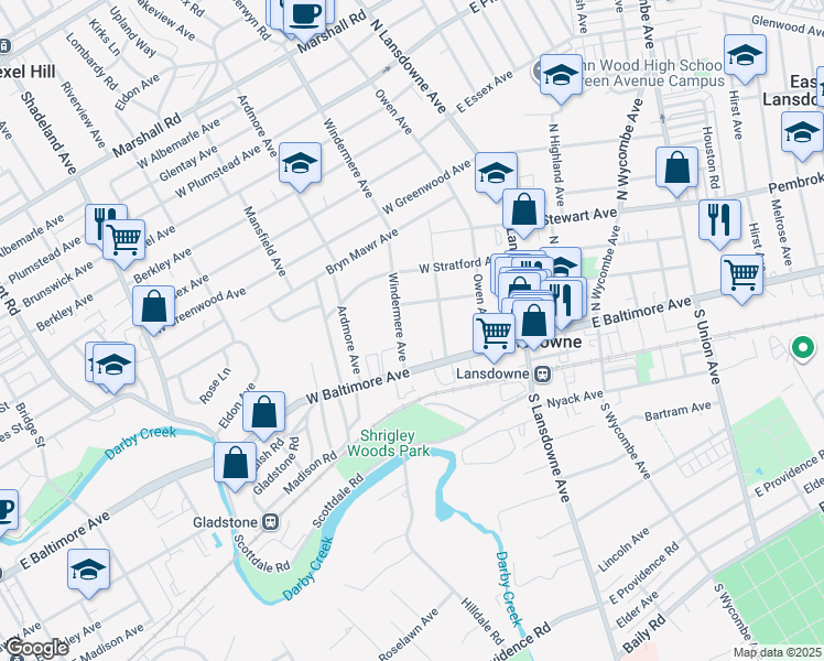 map of restaurants, bars, coffee shops, grocery stores, and more near 38 Runnemede Avenue in Lansdowne