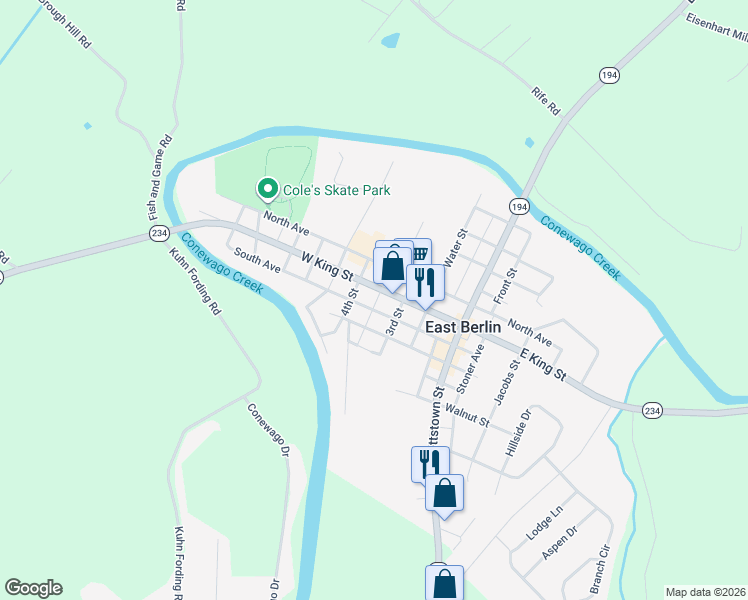 map of restaurants, bars, coffee shops, grocery stores, and more near 326 West King Street in East Berlin
