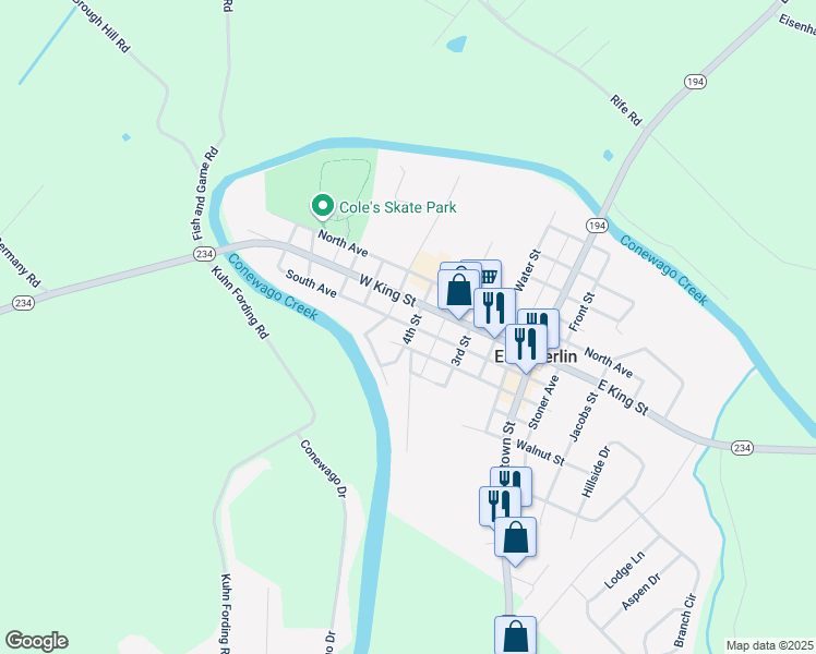 map of restaurants, bars, coffee shops, grocery stores, and more near 101 4th Street in East Berlin