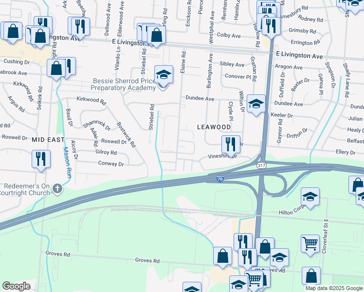 map of restaurants, bars, coffee shops, grocery stores, and more near 4082 Elaine Court in Columbus