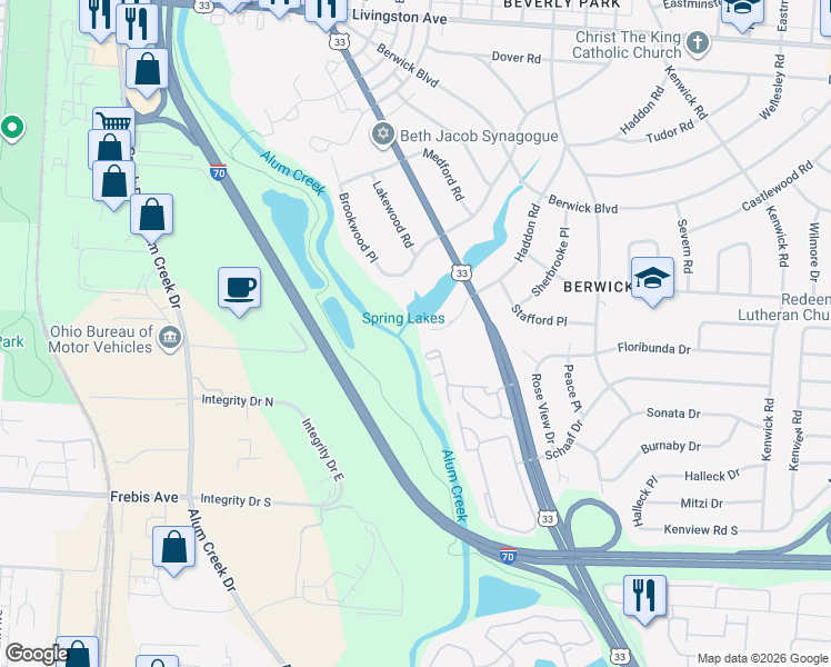 map of restaurants, bars, coffee shops, grocery stores, and more near 1505 Roads End Place in Columbus
