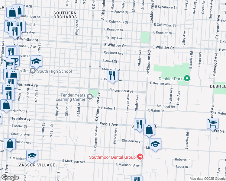 map of restaurants, bars, coffee shops, grocery stores, and more near 1280 Oakwood Avenue in Columbus