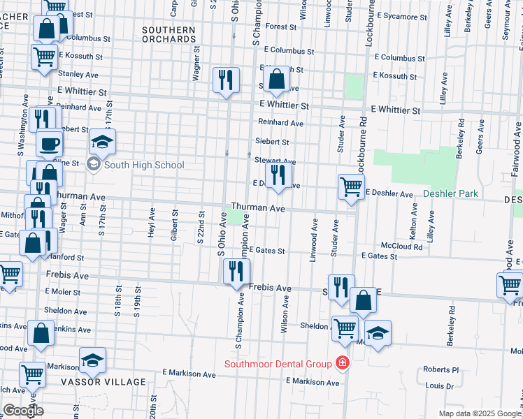 map of restaurants, bars, coffee shops, grocery stores, and more near 1280 Oakwood Avenue in Columbus