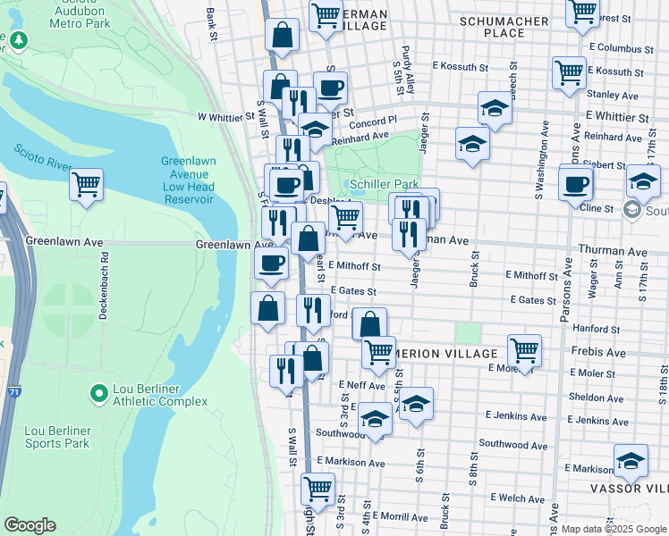 map of restaurants, bars, coffee shops, grocery stores, and more near 1128 South Pearl Street in Columbus