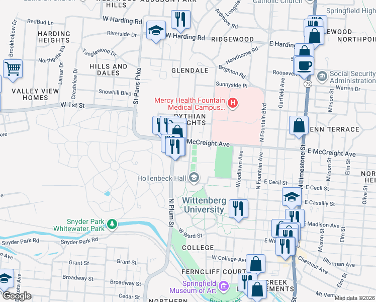 map of restaurants, bars, coffee shops, grocery stores, and more near 307 West McCreight Avenue in Springfield