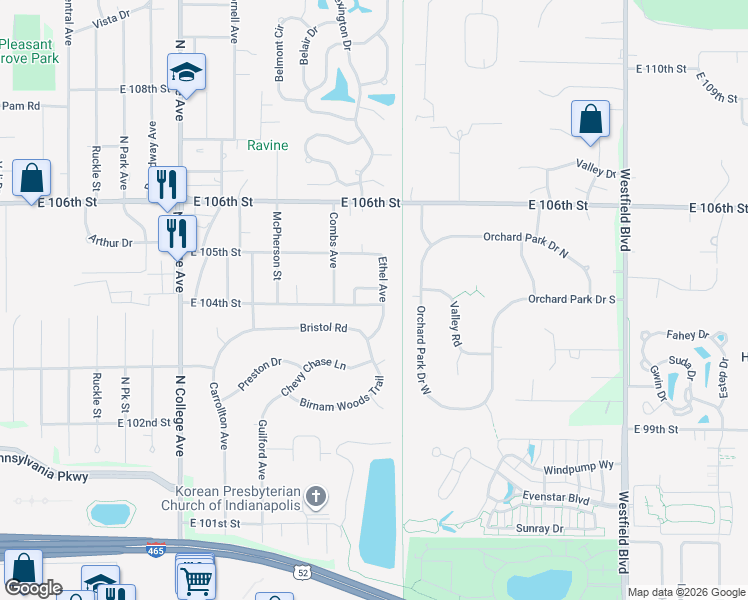 map of restaurants, bars, coffee shops, grocery stores, and more near 1234 Turner Drive in Indianapolis