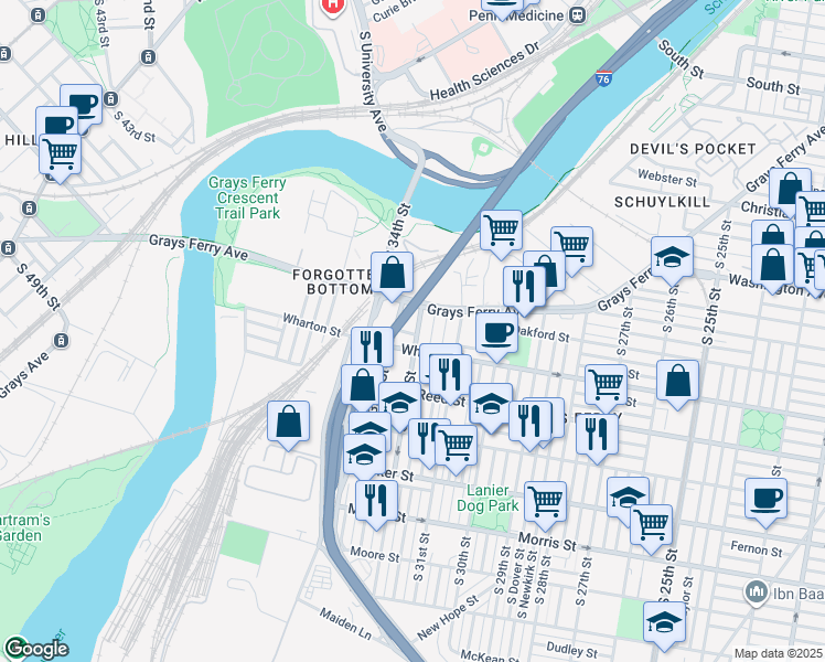 map of restaurants, bars, coffee shops, grocery stores, and more near 3218 Grays Ferry Avenue in Philadelphia