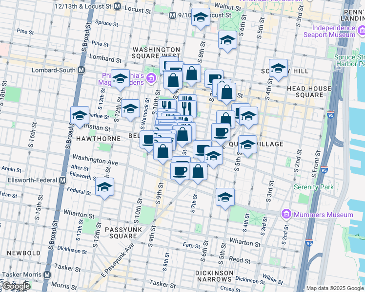 map of restaurants, bars, coffee shops, grocery stores, and more near 748 Catharine Street in Philadelphia