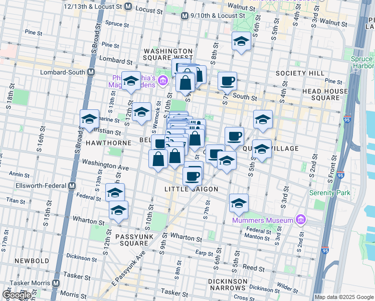 map of restaurants, bars, coffee shops, grocery stores, and more near 826 Christian Street in Philadelphia
