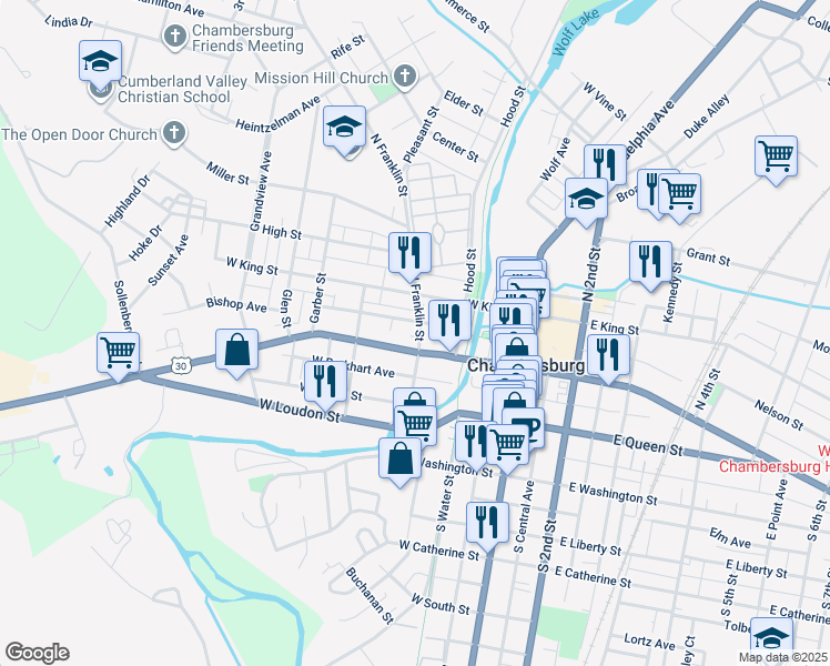 map of restaurants, bars, coffee shops, grocery stores, and more near 25 North Franklin Street in Chambersburg