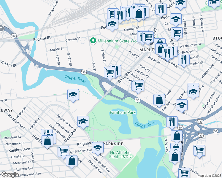 map of restaurants, bars, coffee shops, grocery stores, and more near Baird Boulevard in Merchantville