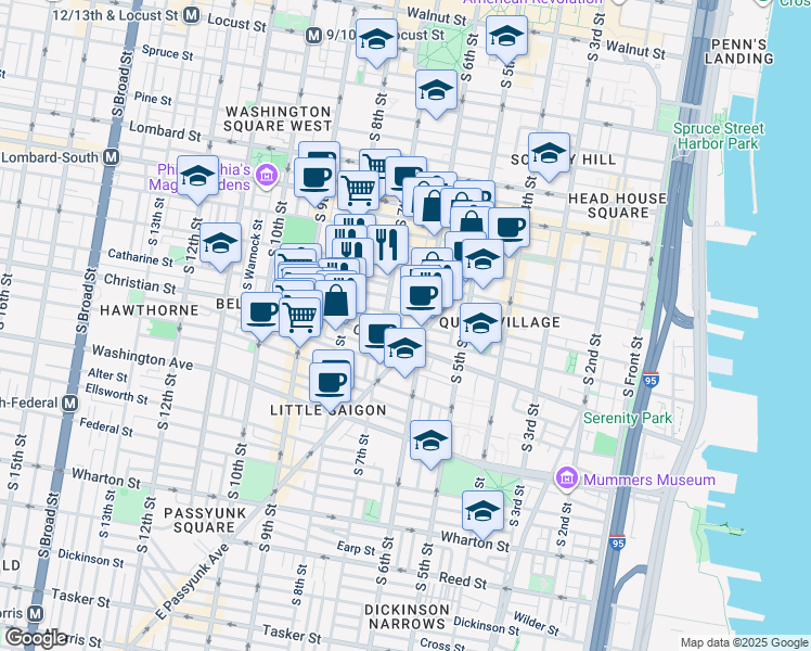 map of restaurants, bars, coffee shops, grocery stores, and more near 805 South Sheridan Street in Philadelphia