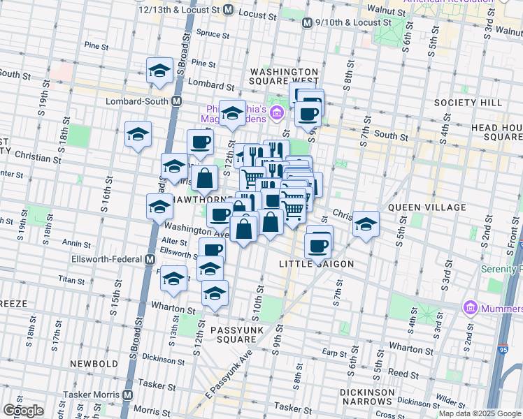 map of restaurants, bars, coffee shops, grocery stores, and more near 1022 Montrose Street in Philadelphia